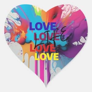 Abstract heart design with colorful splashes and repeated words "LOVE" and "LIFE" in various fonts and colors.