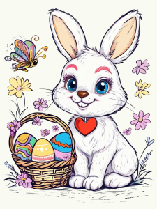 Cartoon Easter bunny holding a wicker basket with colorful eggs, surrounded by pastel flowers and a butterfly.