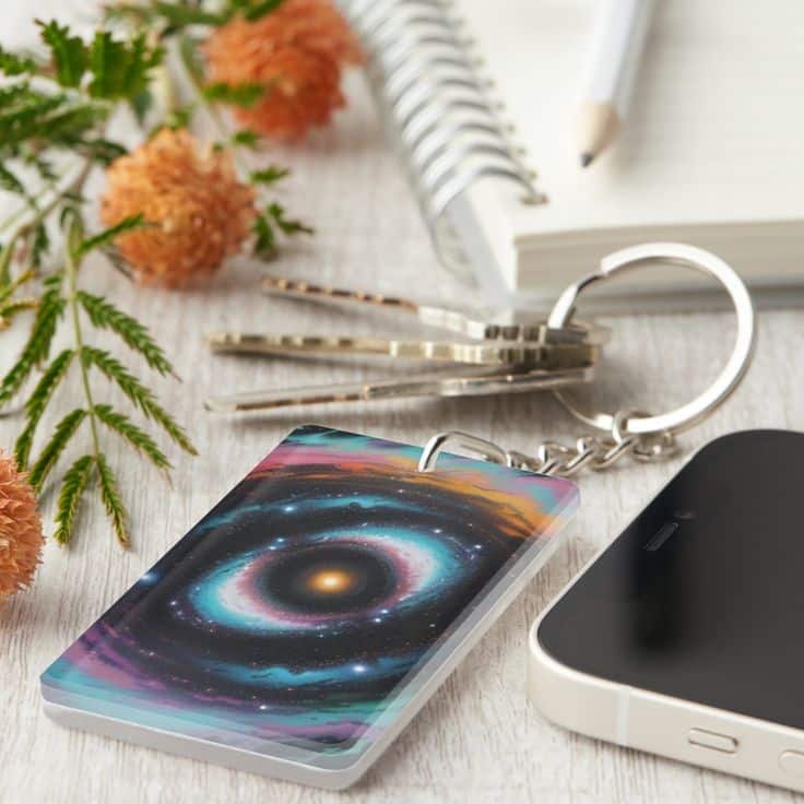 Vibrant spiral galaxy design with swirling blues, purples, pinks, oranges, and yellows. A bright yellow center glows at the core, surrounded by stars and nebulae.