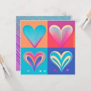 Pop art print featuring four colorful hearts in a grid, with a 3D effect and matching smaller hearts at the bottom of each. Background colors include orange, teal, and purplish-pink.