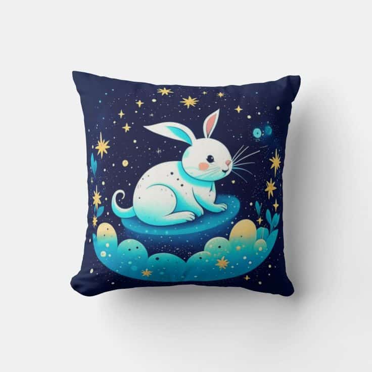 "Square throw pillow featuring a  design of a white rabbit sitting on a light teal-blue crescent-shaped cloud against a deep navy-blue starry sky. The scene includes golden stars, floral accents, and subtle crescent moons, creating a dreamy, magical night theme.