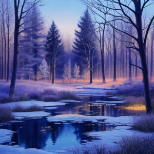 Winter landscape with a frozen stream reflecting trees and the sky. The scene features tall, frost-covered trees, snow-dusted grasses, and a cool color palette of blues, purples, and grays.