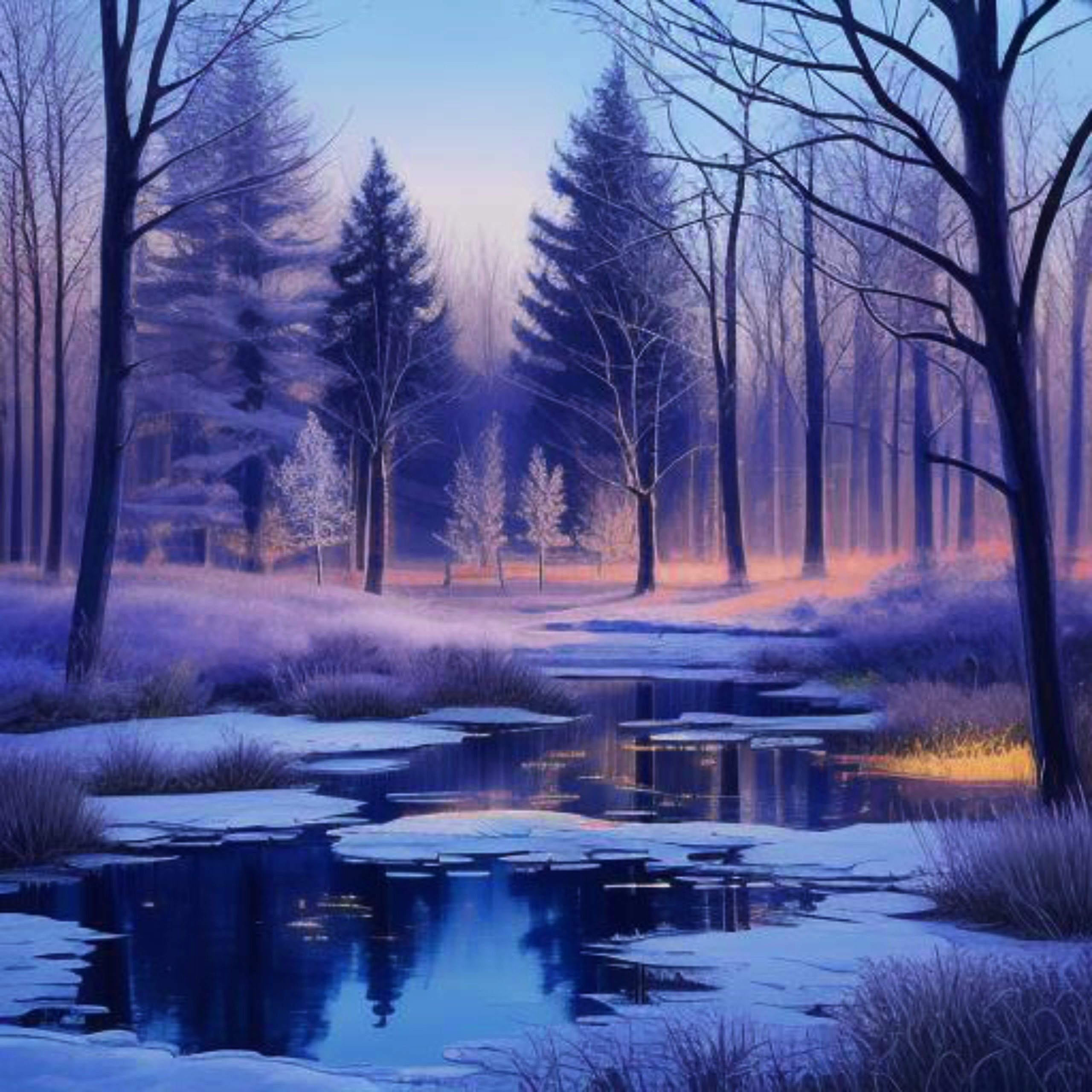 Winter landscape with a frozen stream reflecting trees and the sky. The scene features tall, frost-covered trees, snow-dusted grasses, and a cool color palette of blues, purples, and grays.