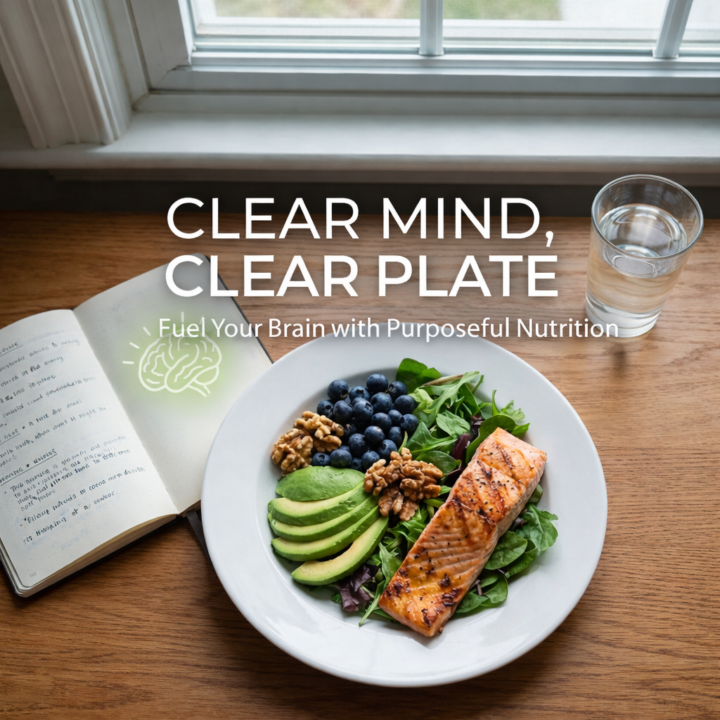 Balanced plate of vegetables, whole grains, and protein for mental clarity and focus