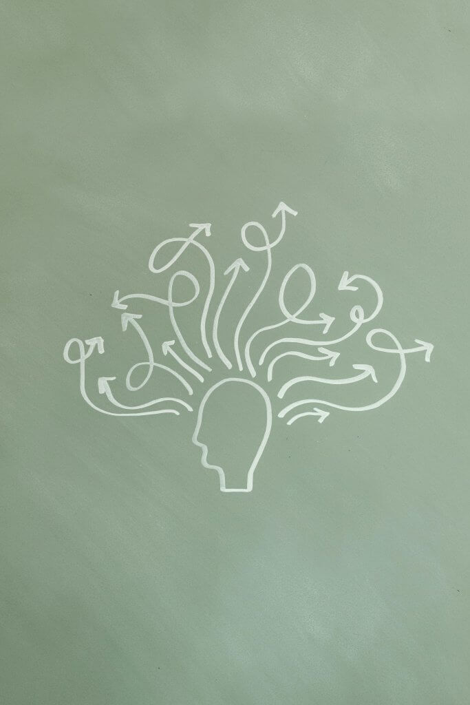Head silhouette with multiple curved arrows extending outward, representing many thought paths and mental processes.