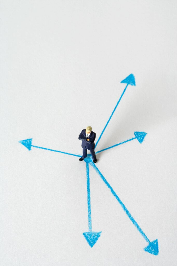 Person standing at the center of arrows representing how executive functioning affects daily life and decision making. 