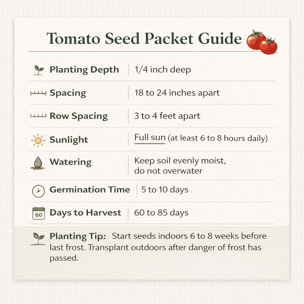 Tomato seed packet guide showing planting depth, spacing, sunlight, watering, germination time, and days to harvest