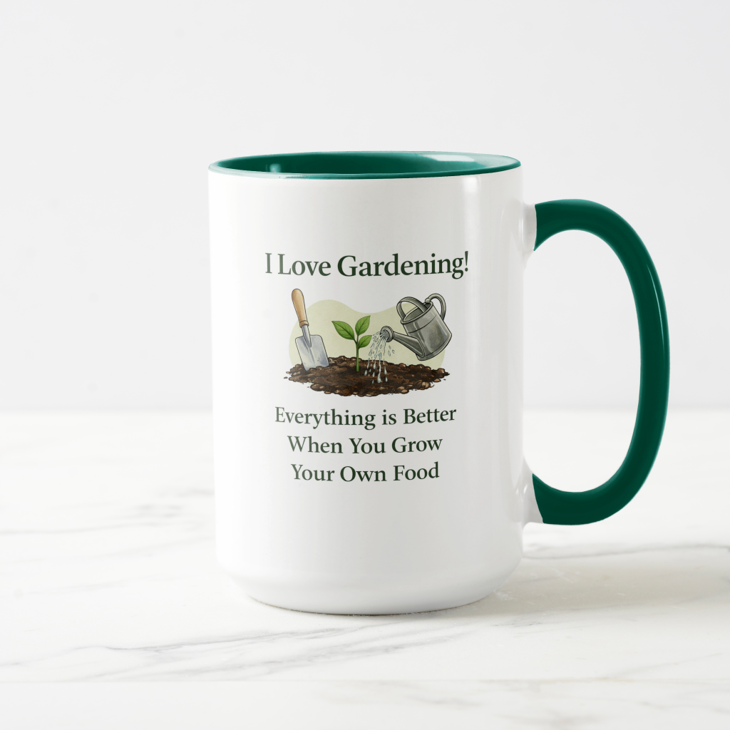Grow your own food gardening mug with green handle and motivational plant quote design