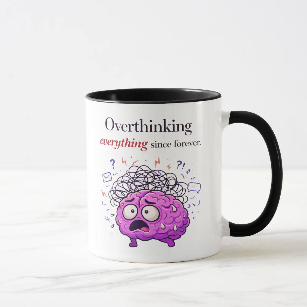Overthinking themed mug with a cute purple brain illustration and relatable mental health quote