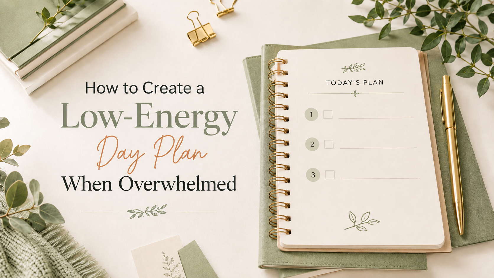 Low-energy day plan featured image with a planner, soft green accents, and calm workspace styling