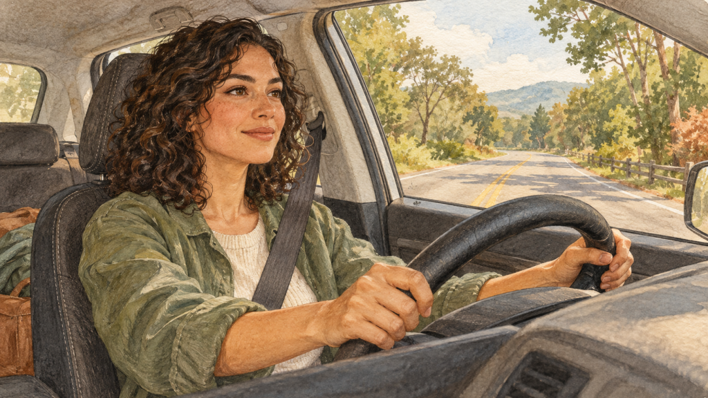 Watercolor illustration of a woman wearing a seatbelt and holding the steering wheel while looking ahead.