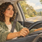 ADHD and Driving: Real-Life Challenges and Tips for Staying Focused Behind the Wheel 1 Watercolor illustration of a woman wearing a seatbelt and holding the steering wheel while looking ahead.