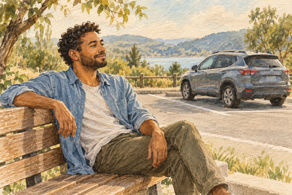 Watercolor illustration of a man resting on a bench beside his parked car.