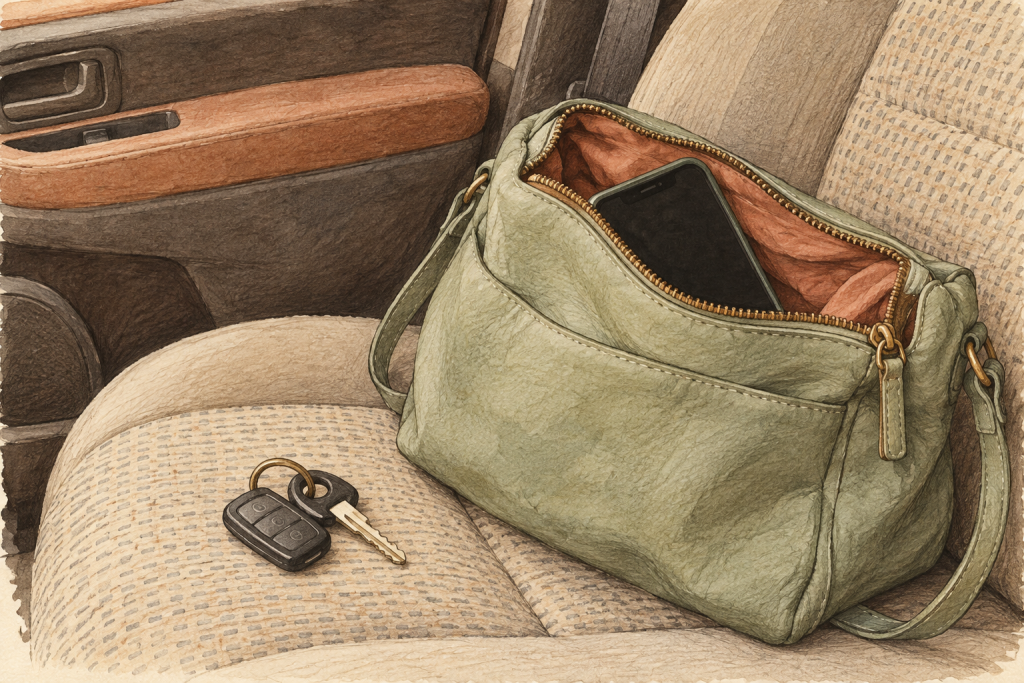 Watercolor illustration of a phone tucked inside a green handbag on a car’s passenger seat.