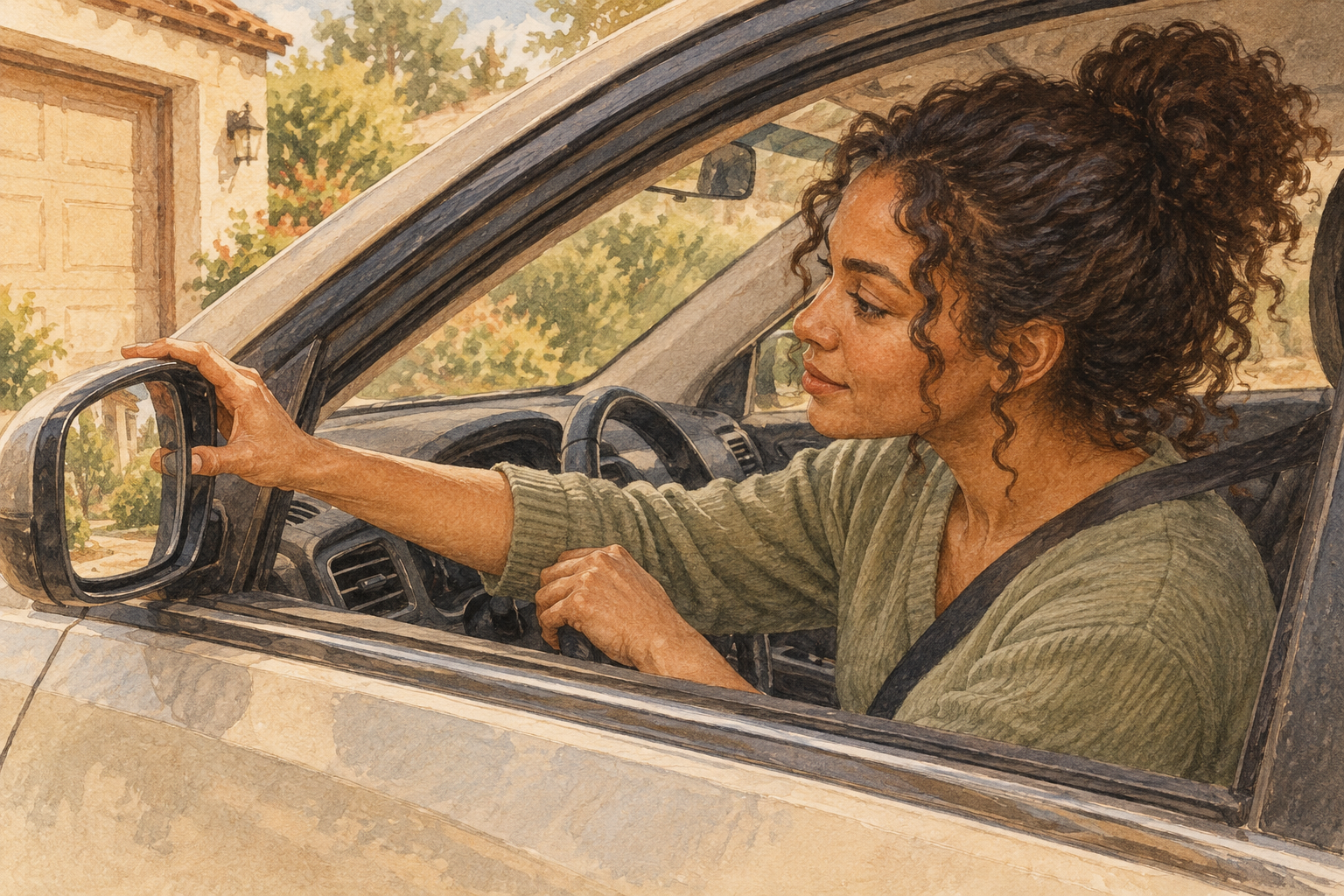 Watercolor illustration of a woman adjusting her car’s side mirror before driving.